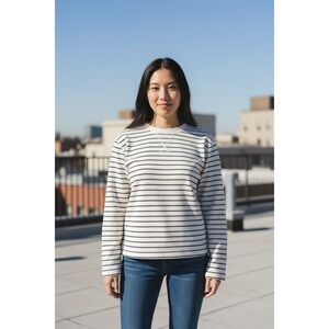 MNG Mango Womans Long Sleeve Striped Top, Crew Neck, Casual Pullover Size Medium